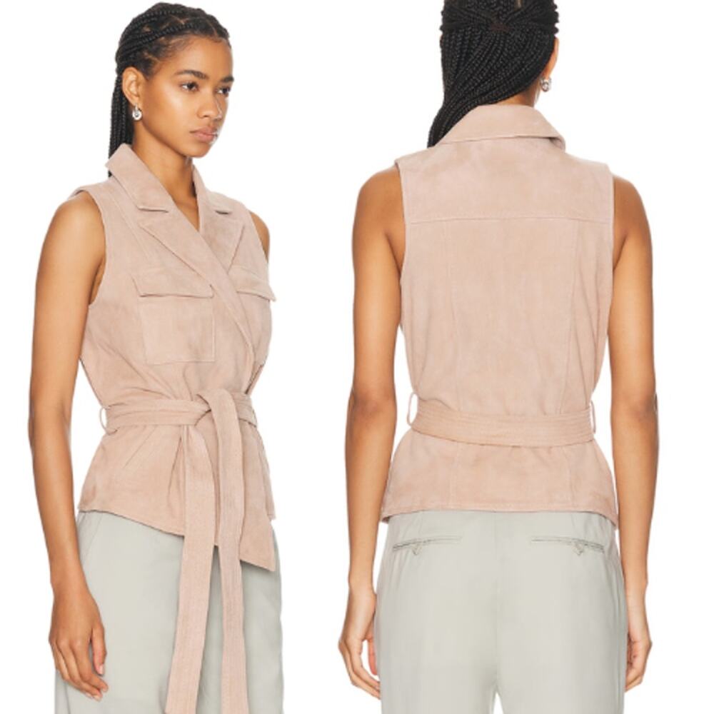 NEW L'Agence Arbor Wrap Belted Collared Sleeveless Vest Beige Size: Extra Small